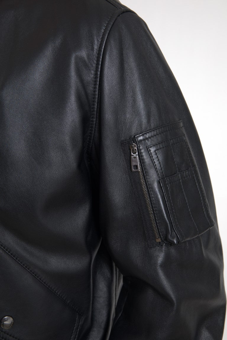 Black Leather Blouson Full Zip Bomber Jacket - ventzia