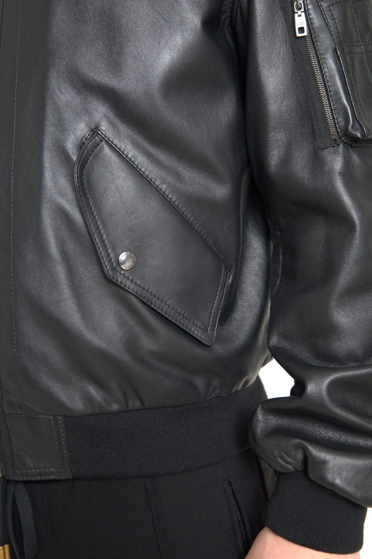 Black Leather Blouson Full Zip Bomber Jacket - ventzia