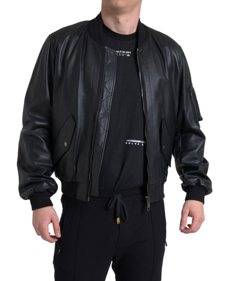 Black Leather Blouson Full Zip Bomber Jacket - ventzia