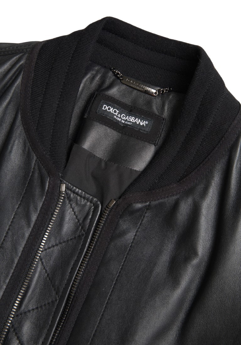 Black Leather Blouson Full Zip Bomber Jacket - ventzia