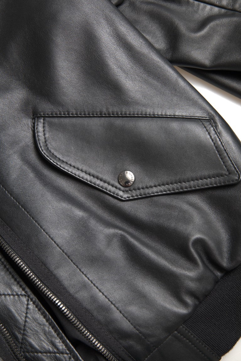 Black Leather Blouson Full Zip Bomber Jacket - ventzia