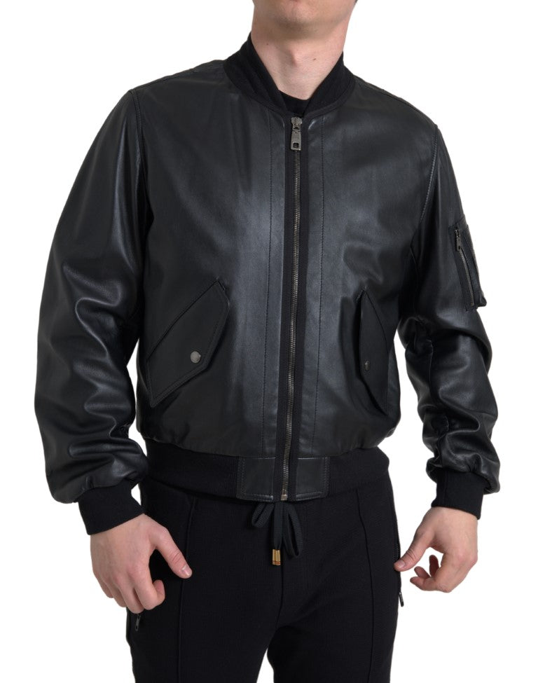 Black Leather Blouson Full Zip Bomber Jacket - ventzia