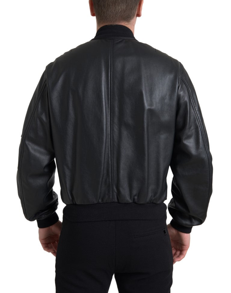 Black Leather Blouson Full Zip Bomber Jacket - ventzia