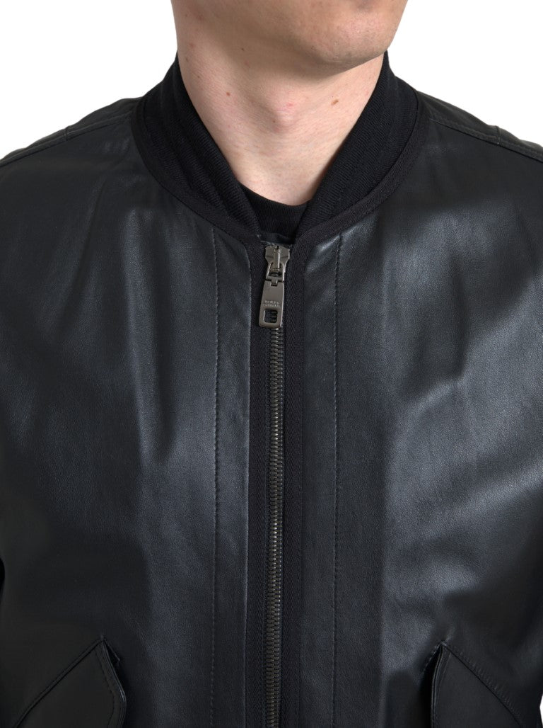 Black Leather Blouson Full Zip Bomber Jacket - ventzia