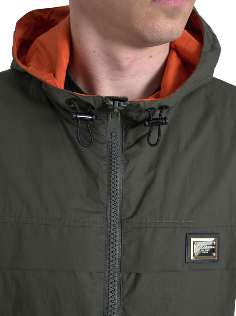 Green Orange Hooded Cotton Full Zip Jacket - ventzia