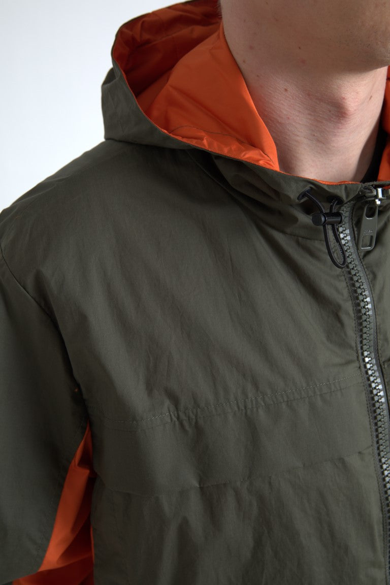 Green Orange Hooded Cotton Full Zip Jacket - ventzia