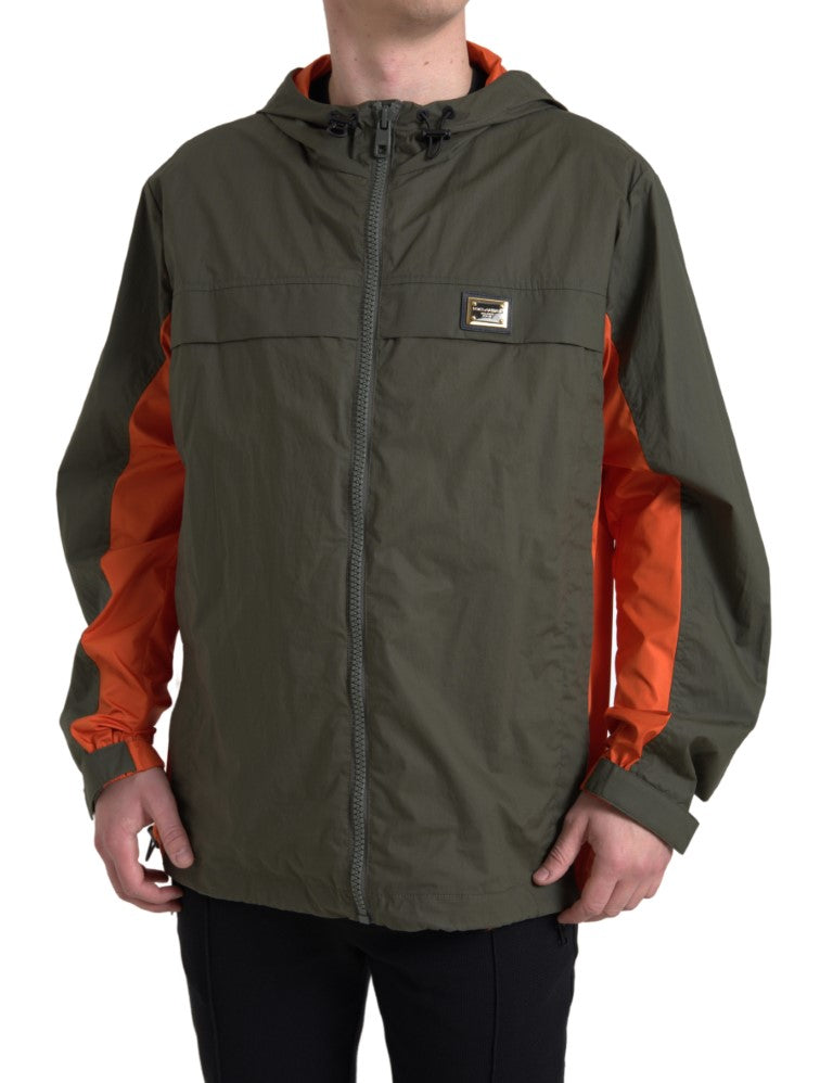 Green Orange Hooded Cotton Full Zip Jacket - ventzia