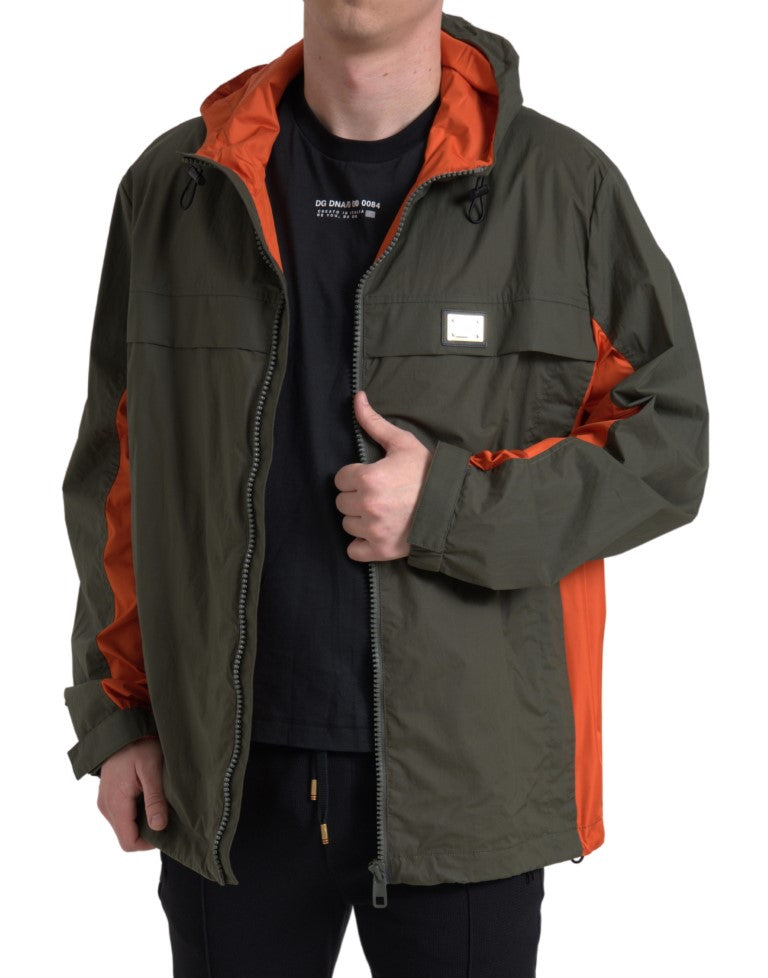 Green Orange Hooded Cotton Full Zip Jacket - ventzia