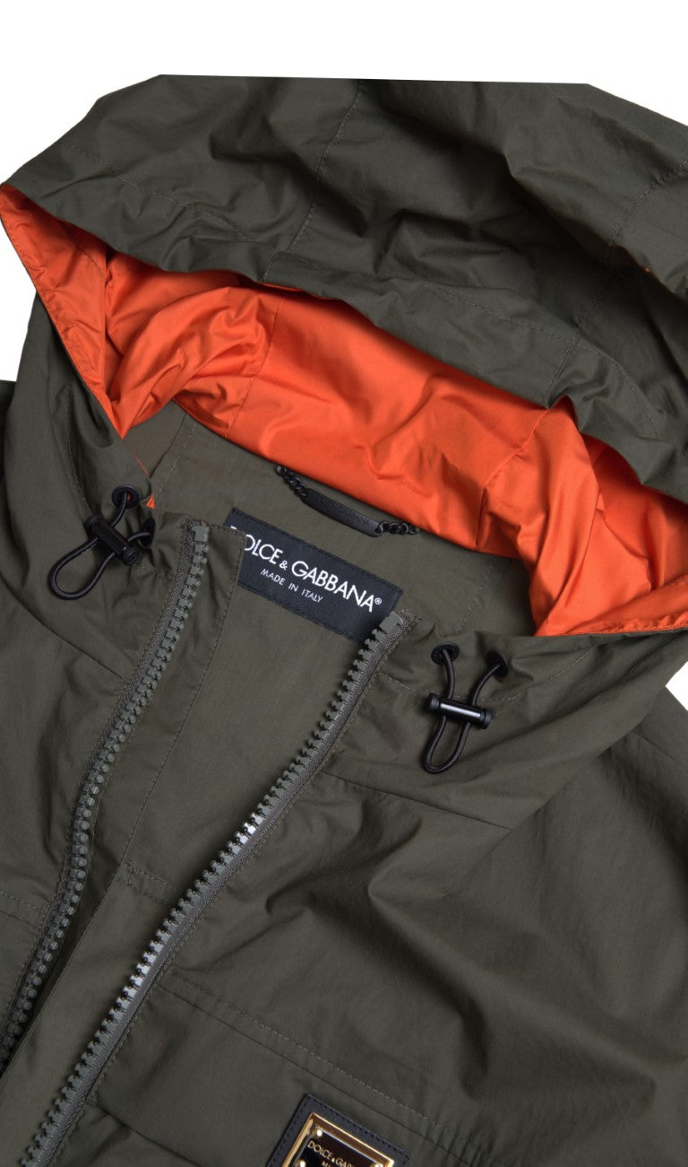 Green Orange Hooded Cotton Full Zip Jacket - ventzia