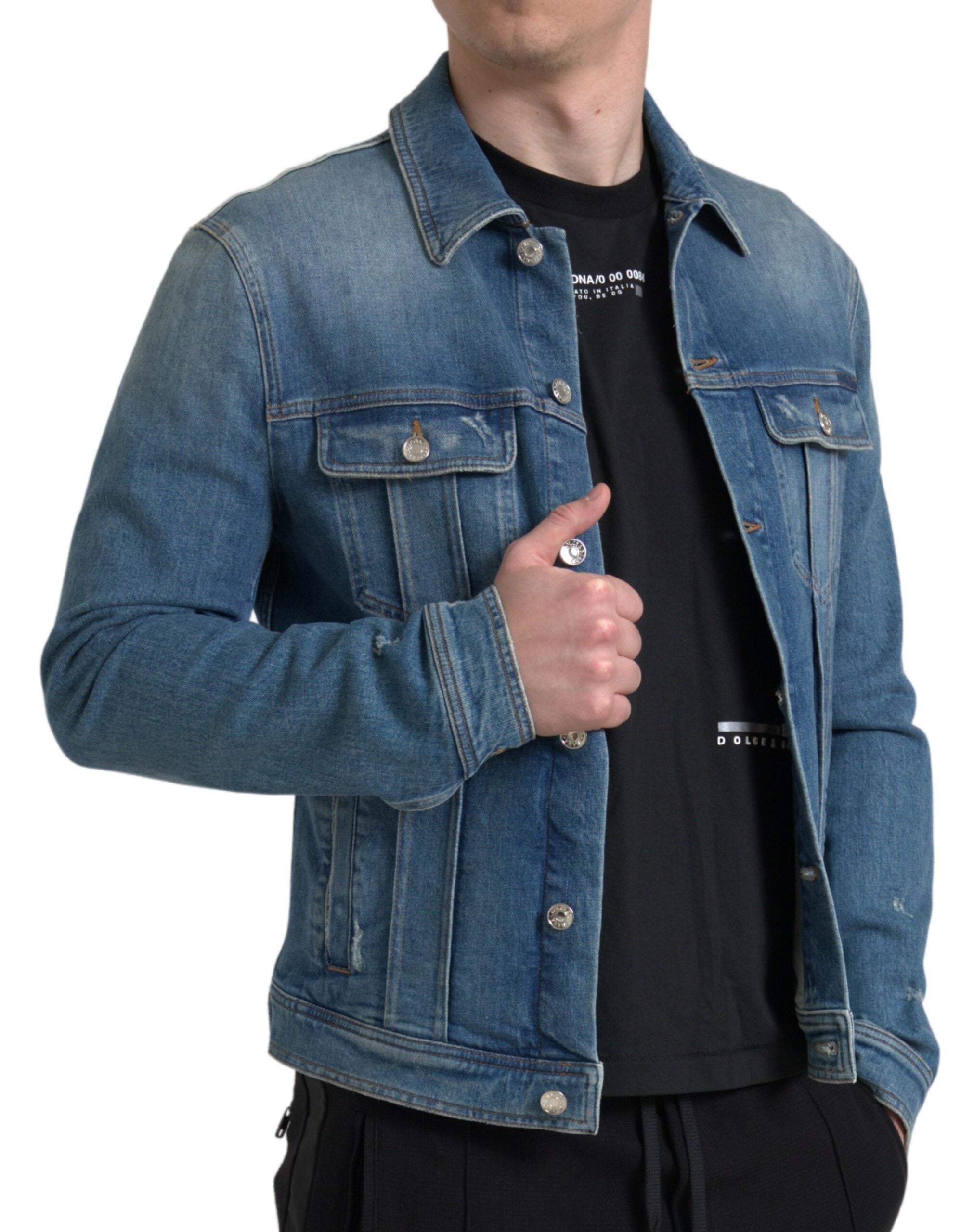 Blue Washed Cotton Stretch Denim Men Jacket - ventzia