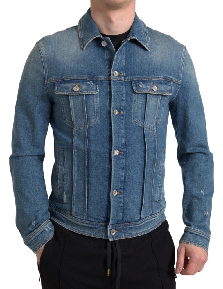 Blue Washed Cotton Stretch Denim Men Jacket - ventzia