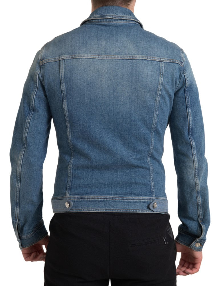 Blue Washed Cotton Stretch Denim Men Jacket - ventzia