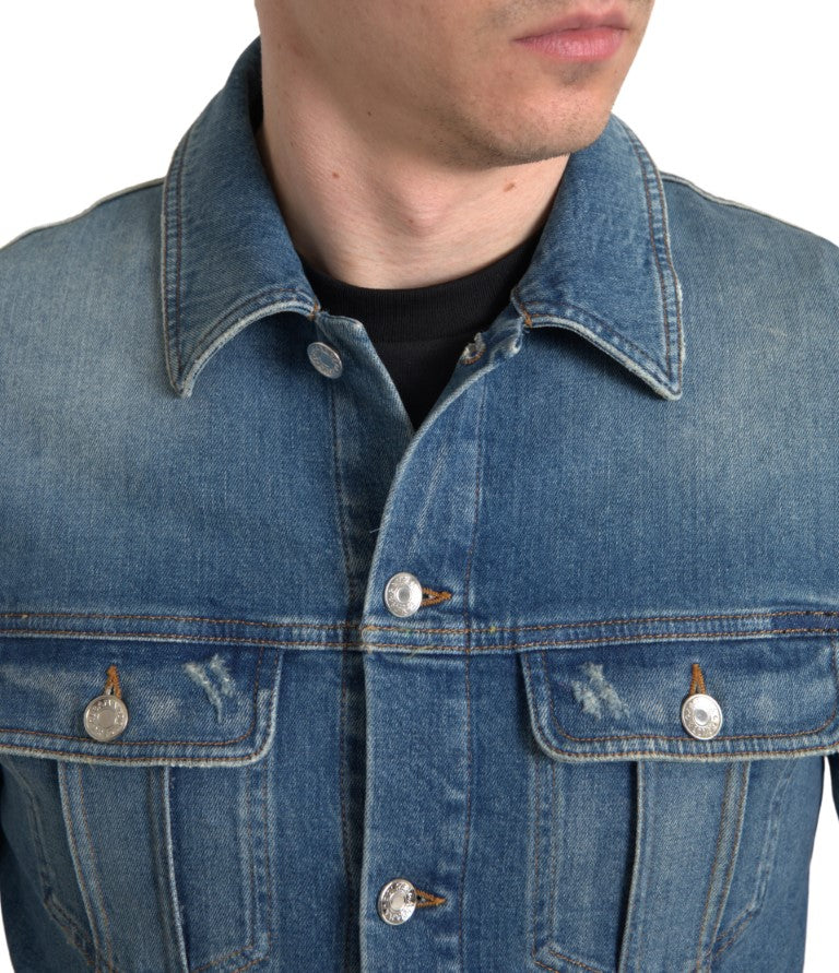 Blue Washed Cotton Stretch Denim Men Jacket - ventzia