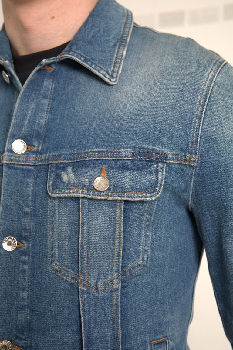 Blue Washed Cotton Stretch Denim Men Jacket - ventzia