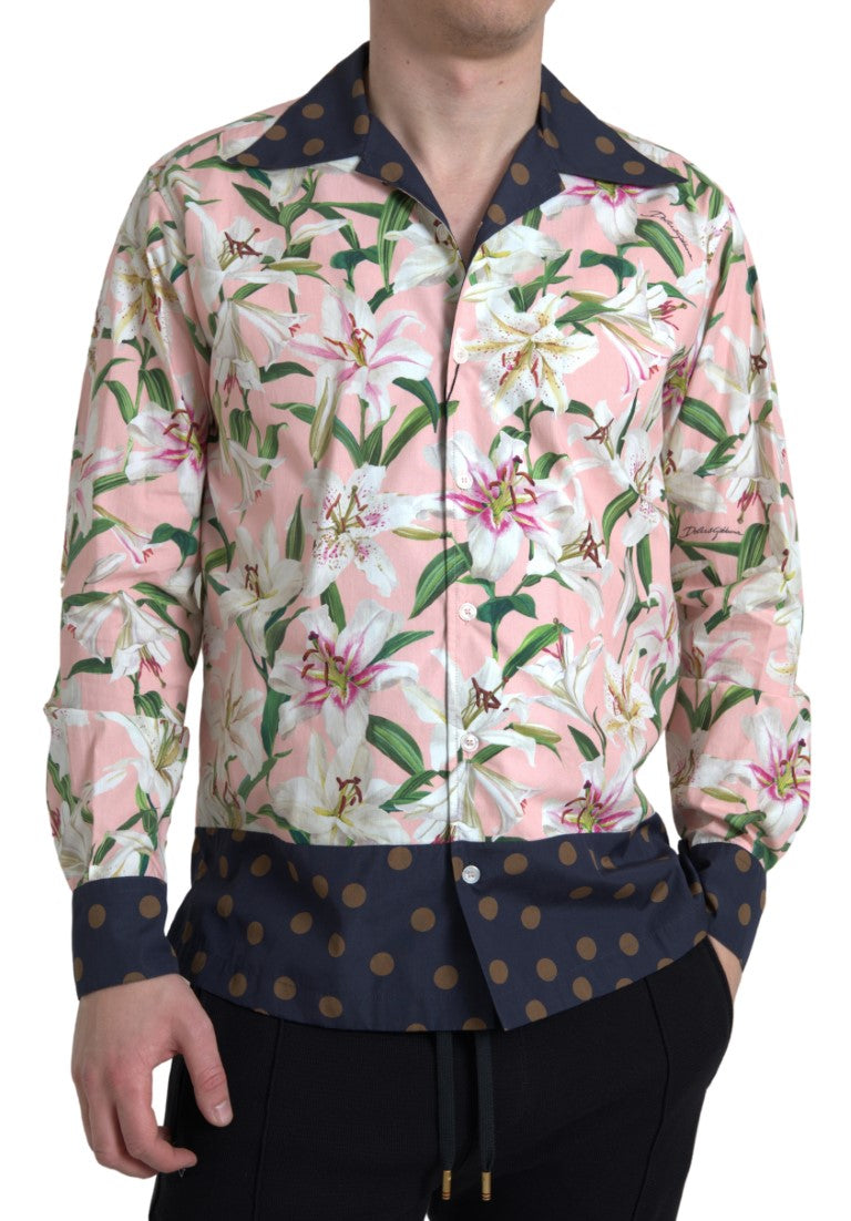 Cotton Polka Dot Lily Print Collared Shirt - ventzia