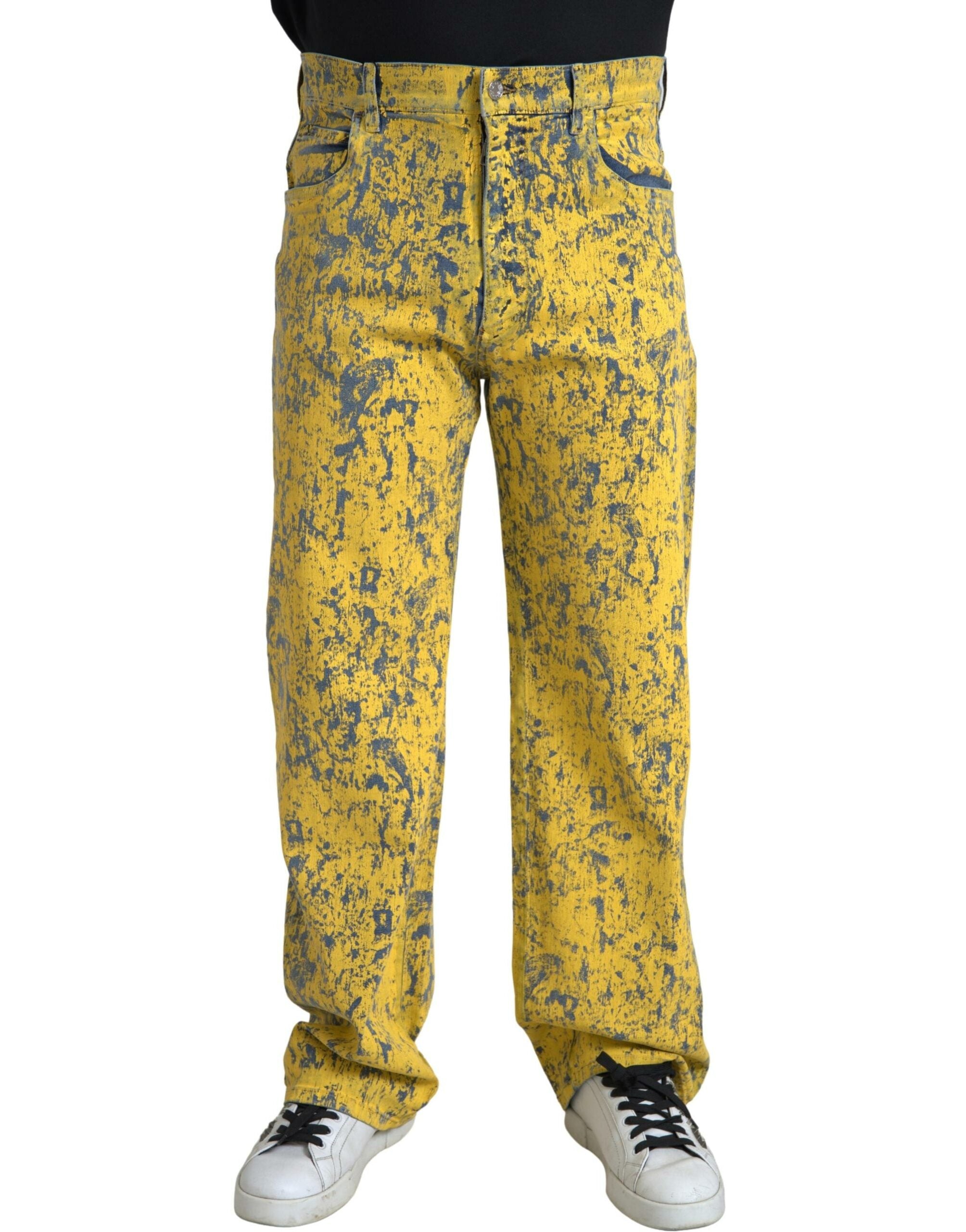 Yellow Cotton Tie Dye Straight Denim Jeans - ventzia