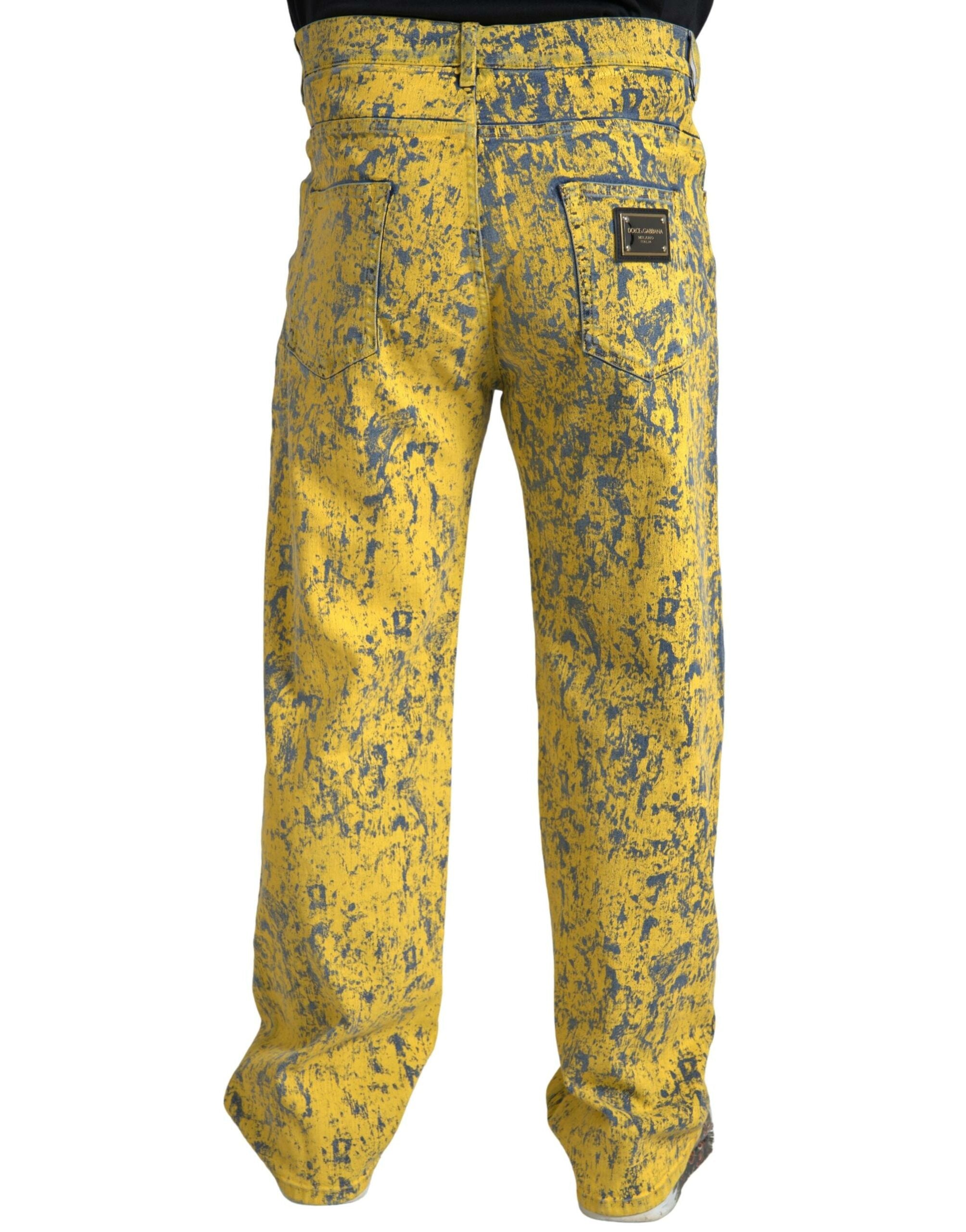 Yellow Cotton Tie Dye Straight Denim Jeans - ventzia