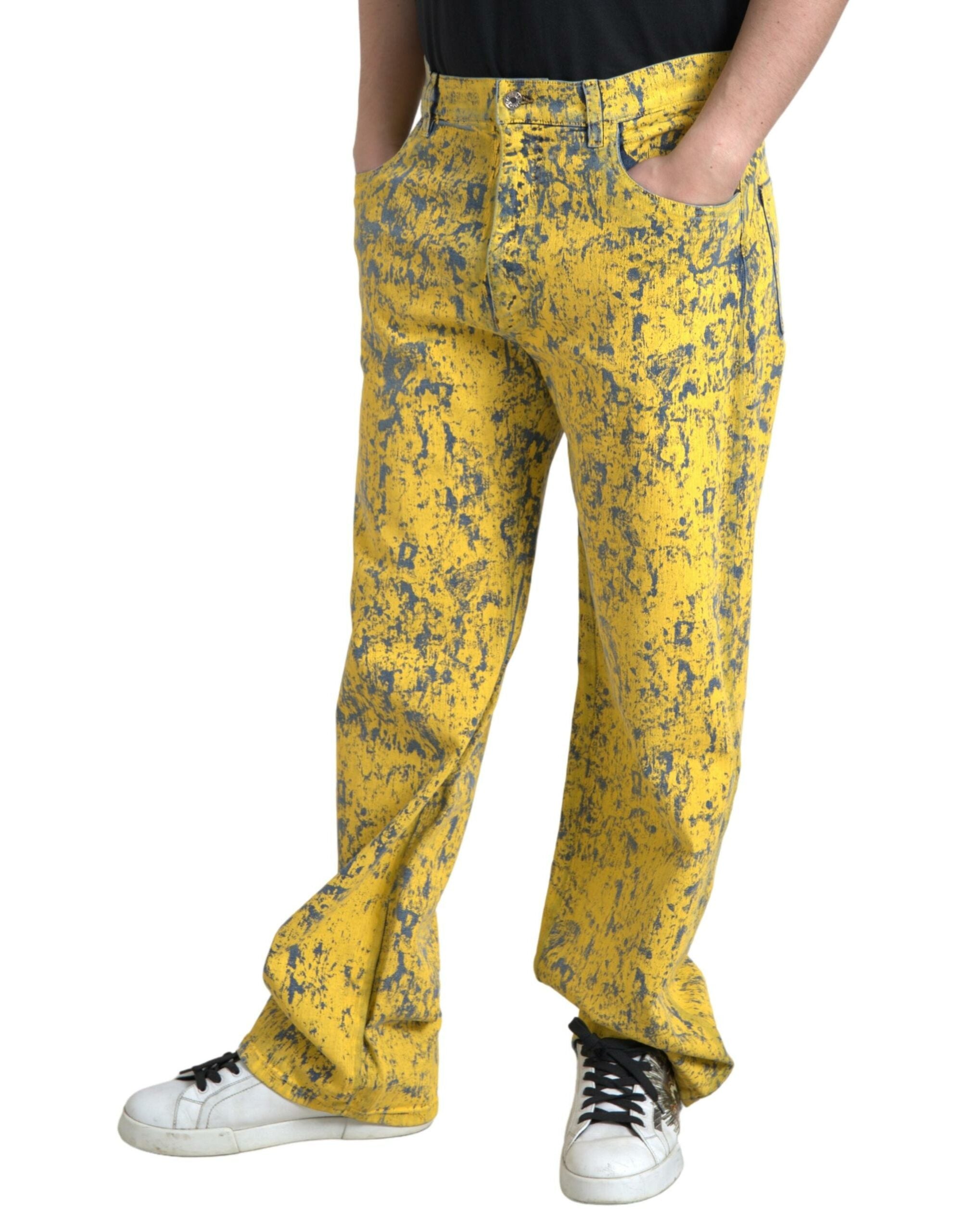 Yellow Cotton Tie Dye Straight Denim Jeans - ventzia