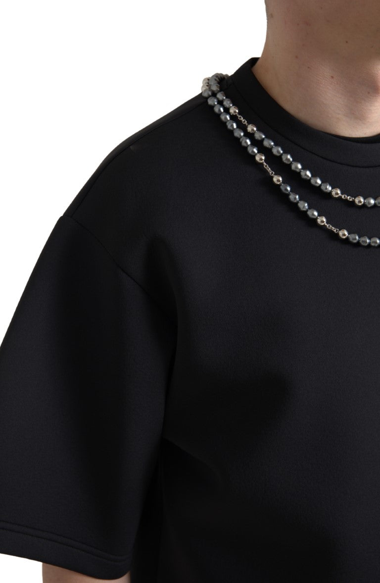 Black Necklace Embellished Polyester T-shirt - ventzia
