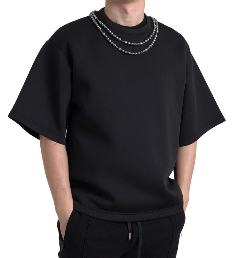 Black Necklace Embellished Polyester T-shirt - ventzia