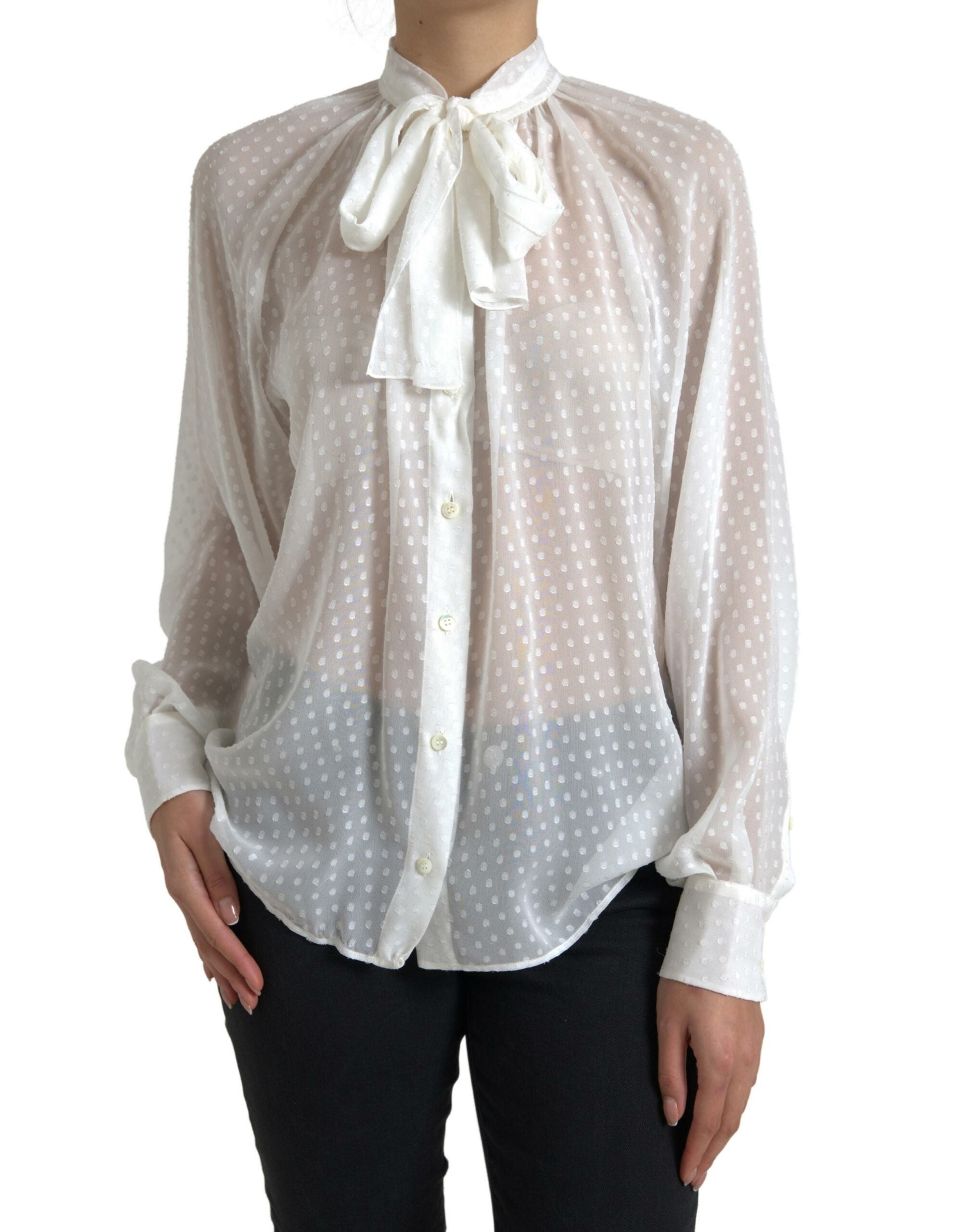 White Silk Sheer Tied Neck Polka Dots Blouse - ventzia