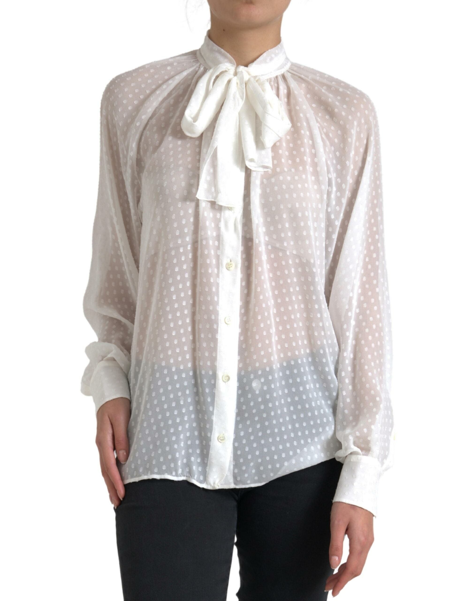 White Silk Sheer Tied Neck Polka Dots Blouse - ventzia