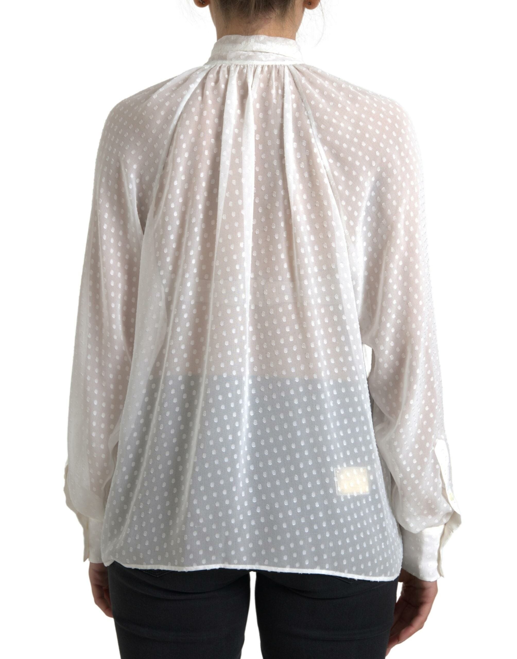 White Silk Sheer Tied Neck Polka Dots Blouse - ventzia