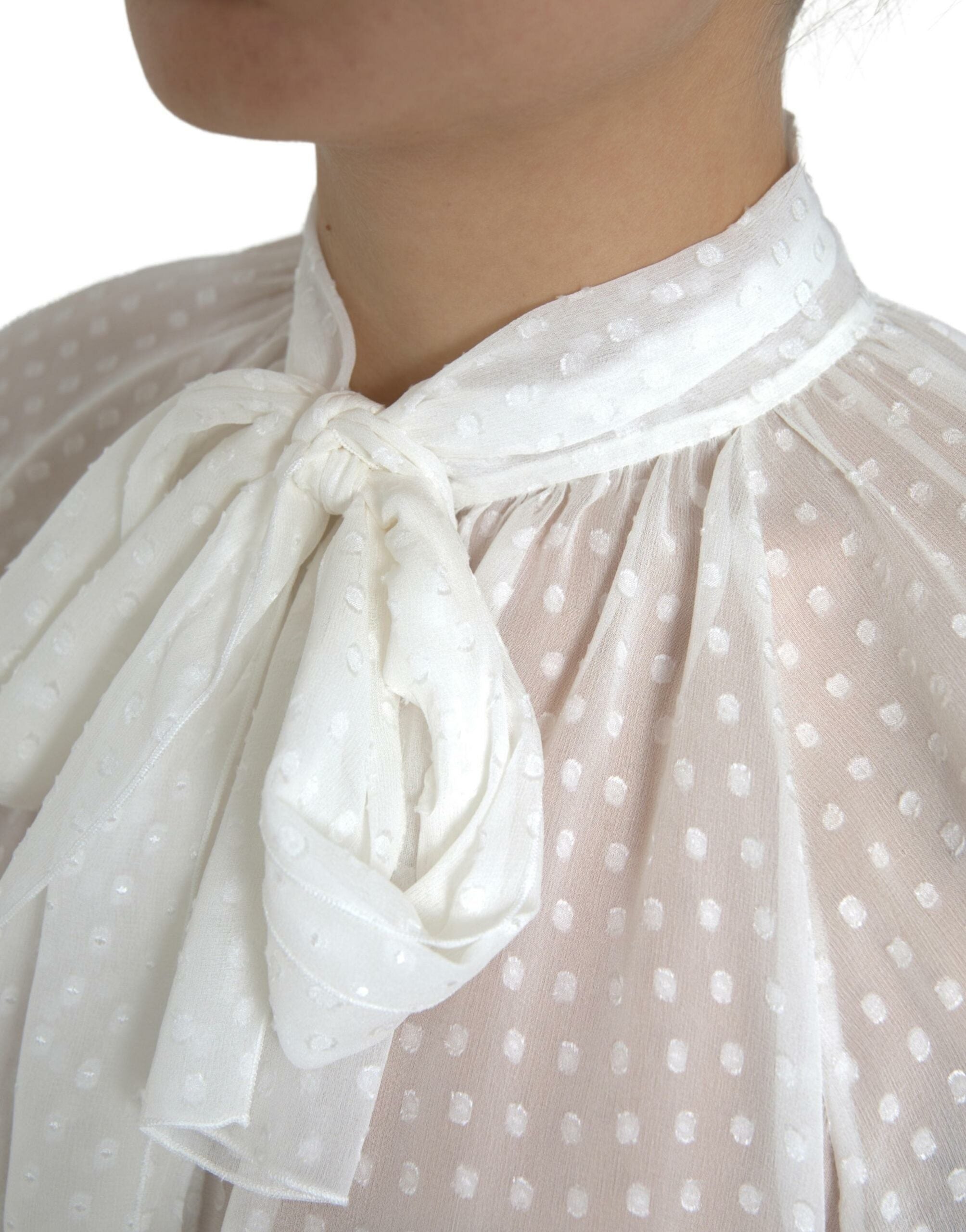 White Silk Sheer Tied Neck Polka Dots Blouse - ventzia