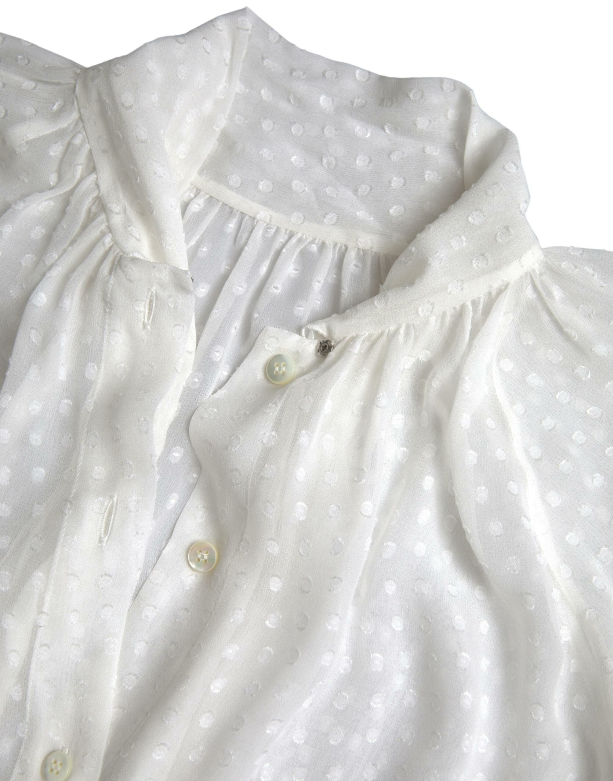 White Silk Sheer Tied Neck Polka Dots Blouse - ventzia