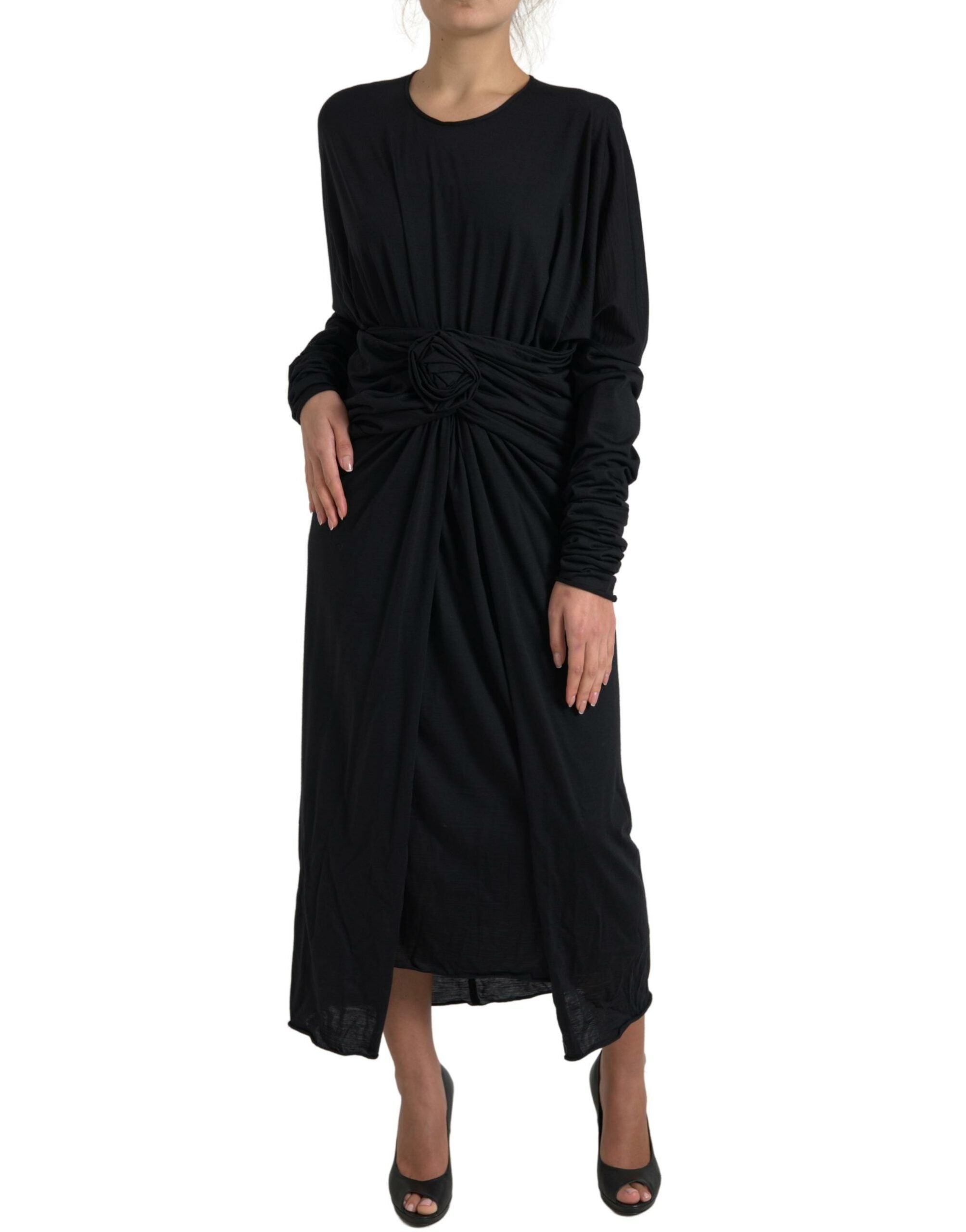 Black Wool Wrap Sheath Midi Gown Dress - ventzia