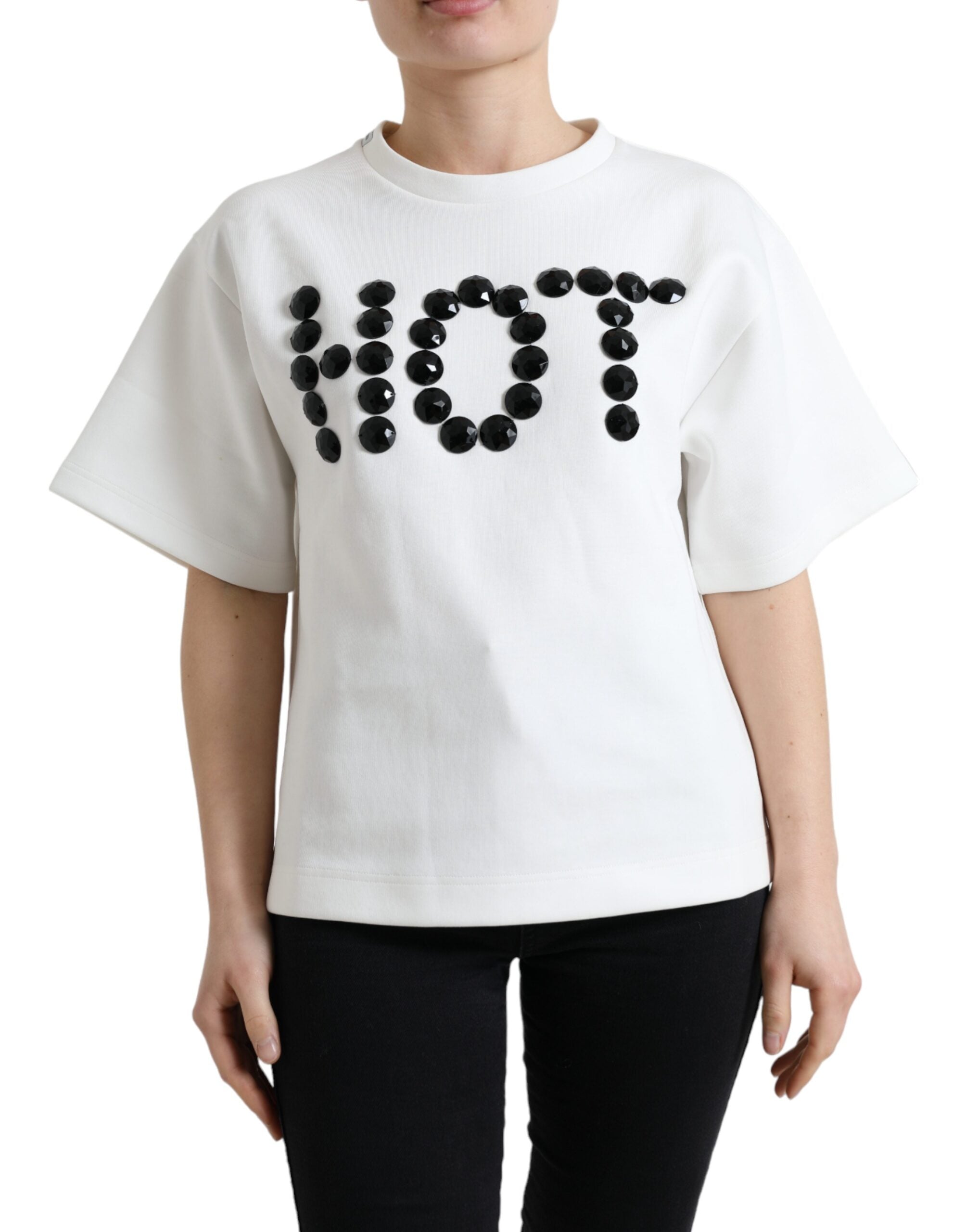 T-shirt White Cotton Stretch Black HOT Crystal - ventzia