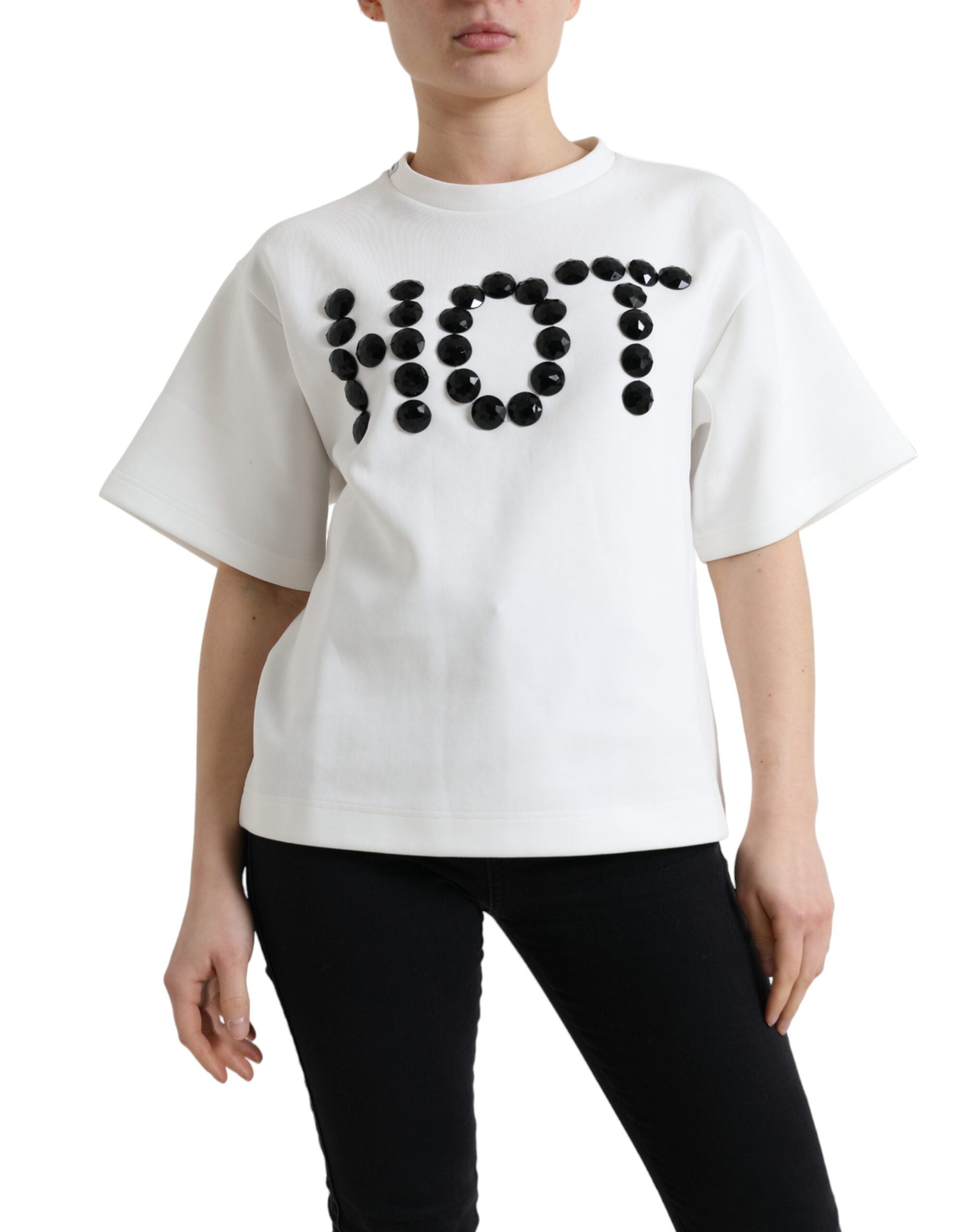 T-shirt White Cotton Stretch Black HOT Crystal - ventzia