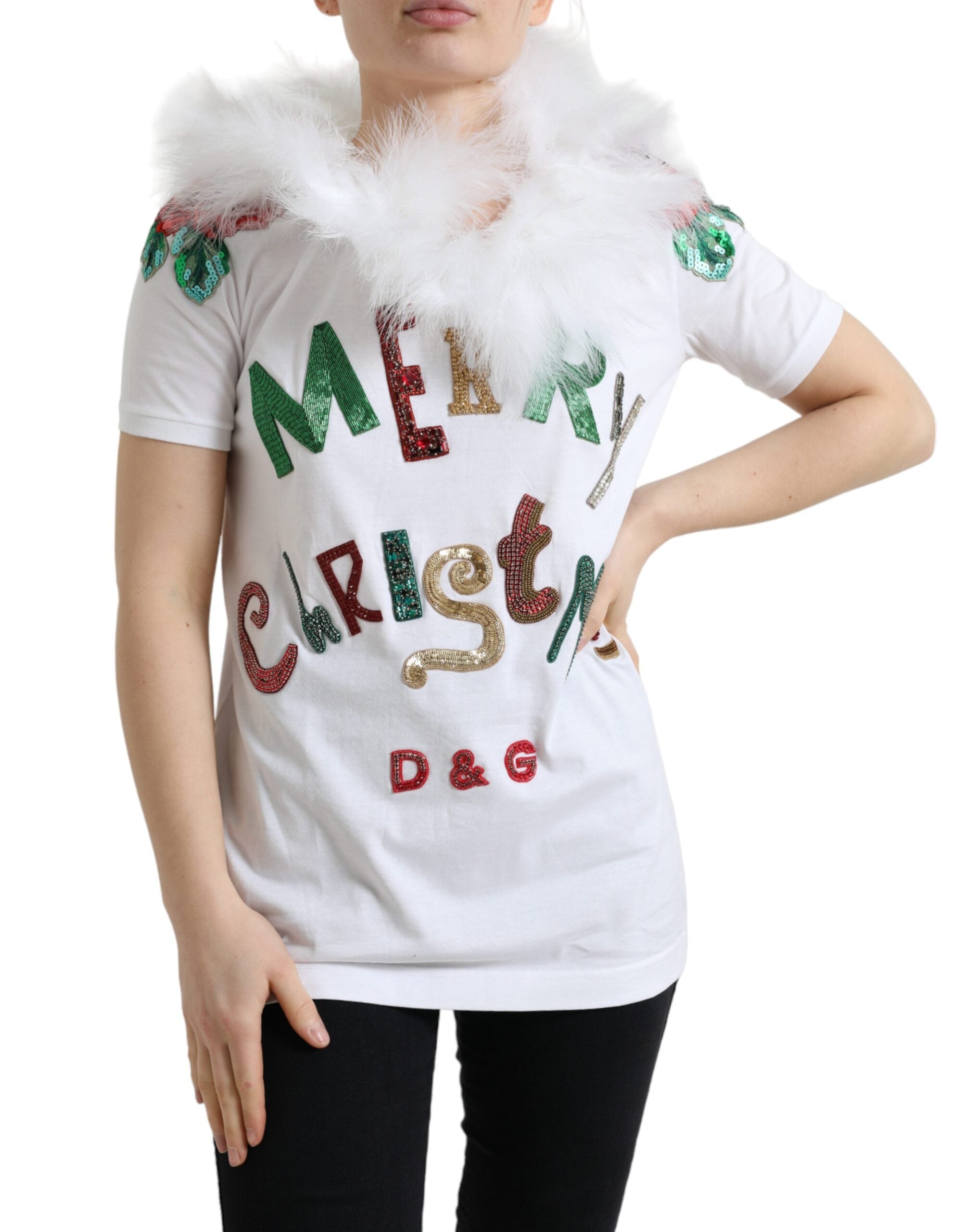 White Cotton Christmas Sequin Fur T-shirt - ventzia