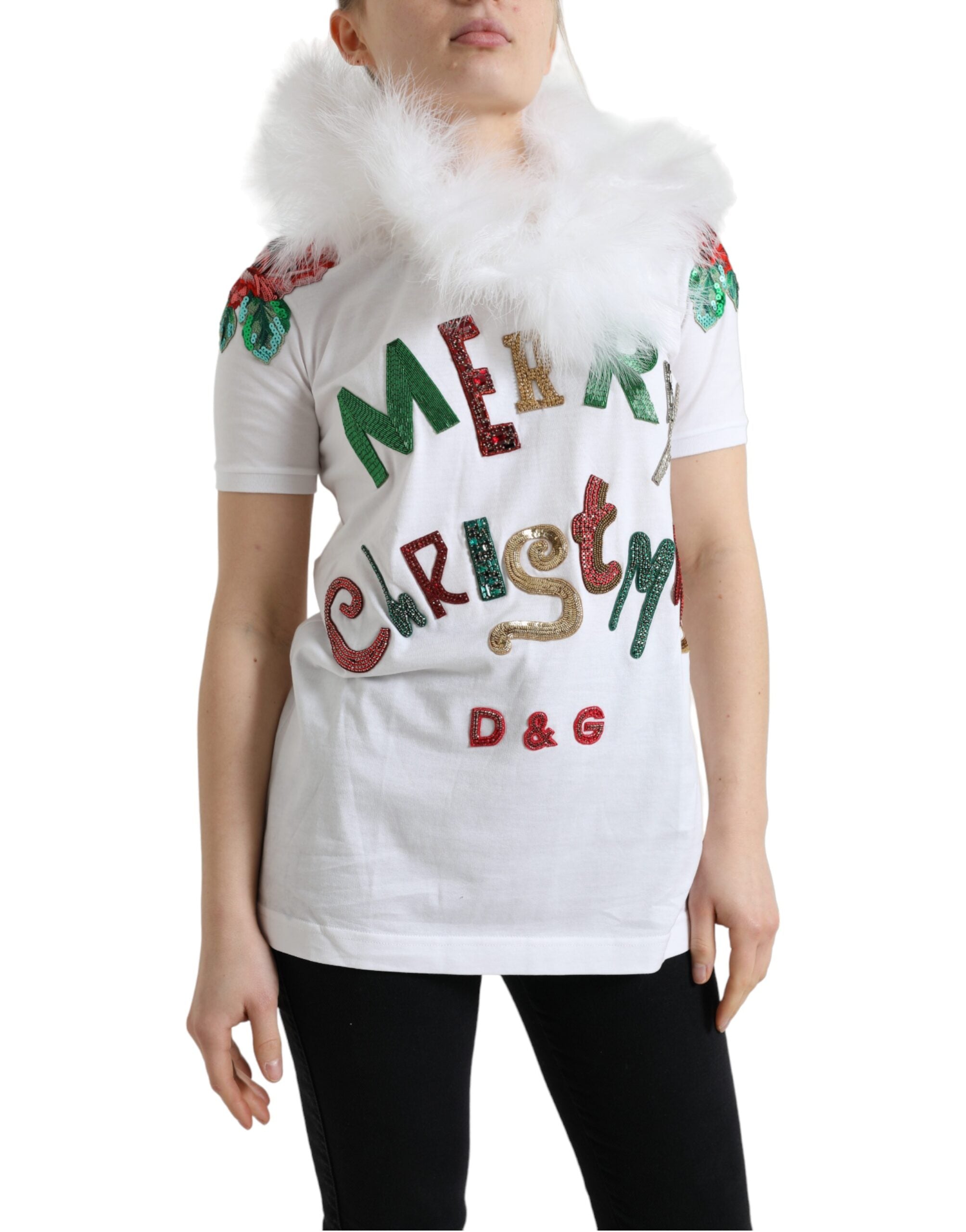 White Cotton Christmas Sequin Fur T-shirt - ventzia