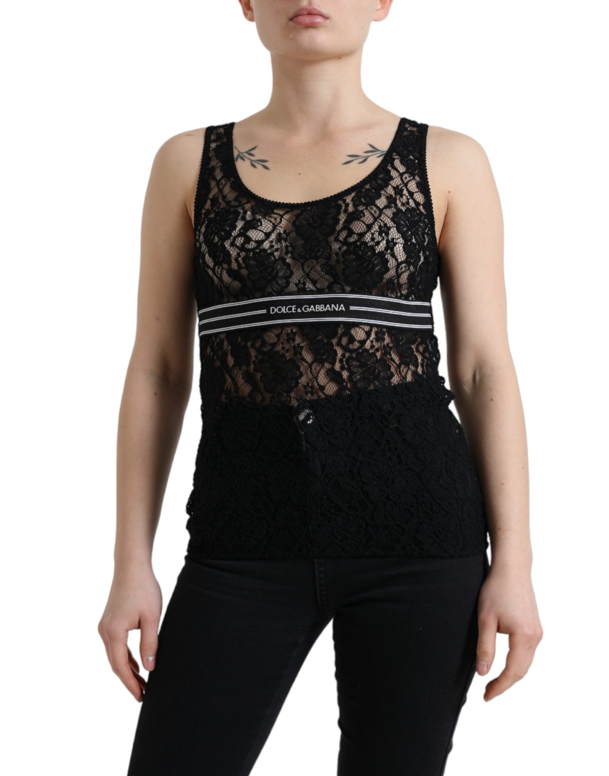 Black Logo Stripe Lace Sleeveless Tank Top - ventzia
