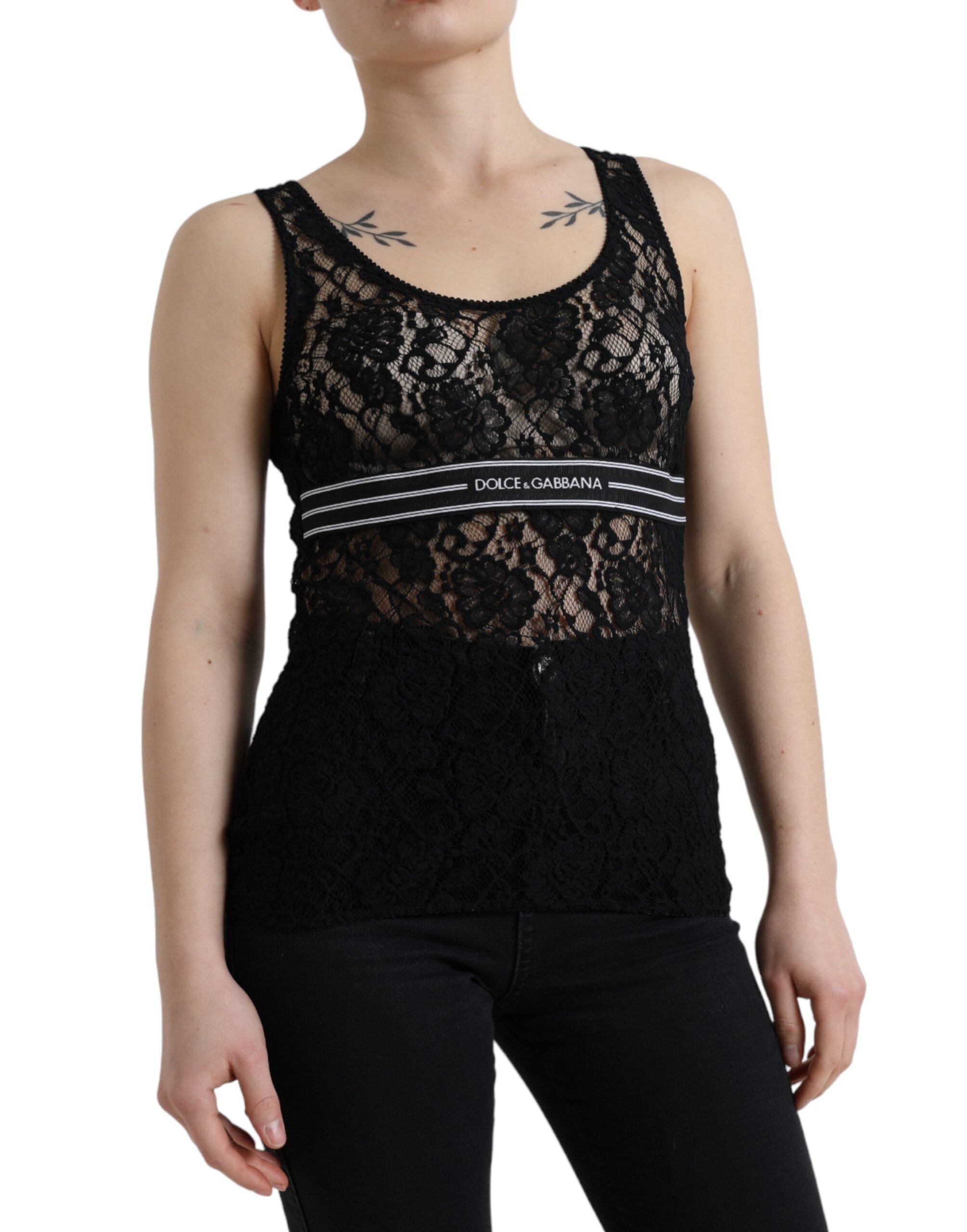 Black Logo Stripe Lace Sleeveless Tank Top - ventzia