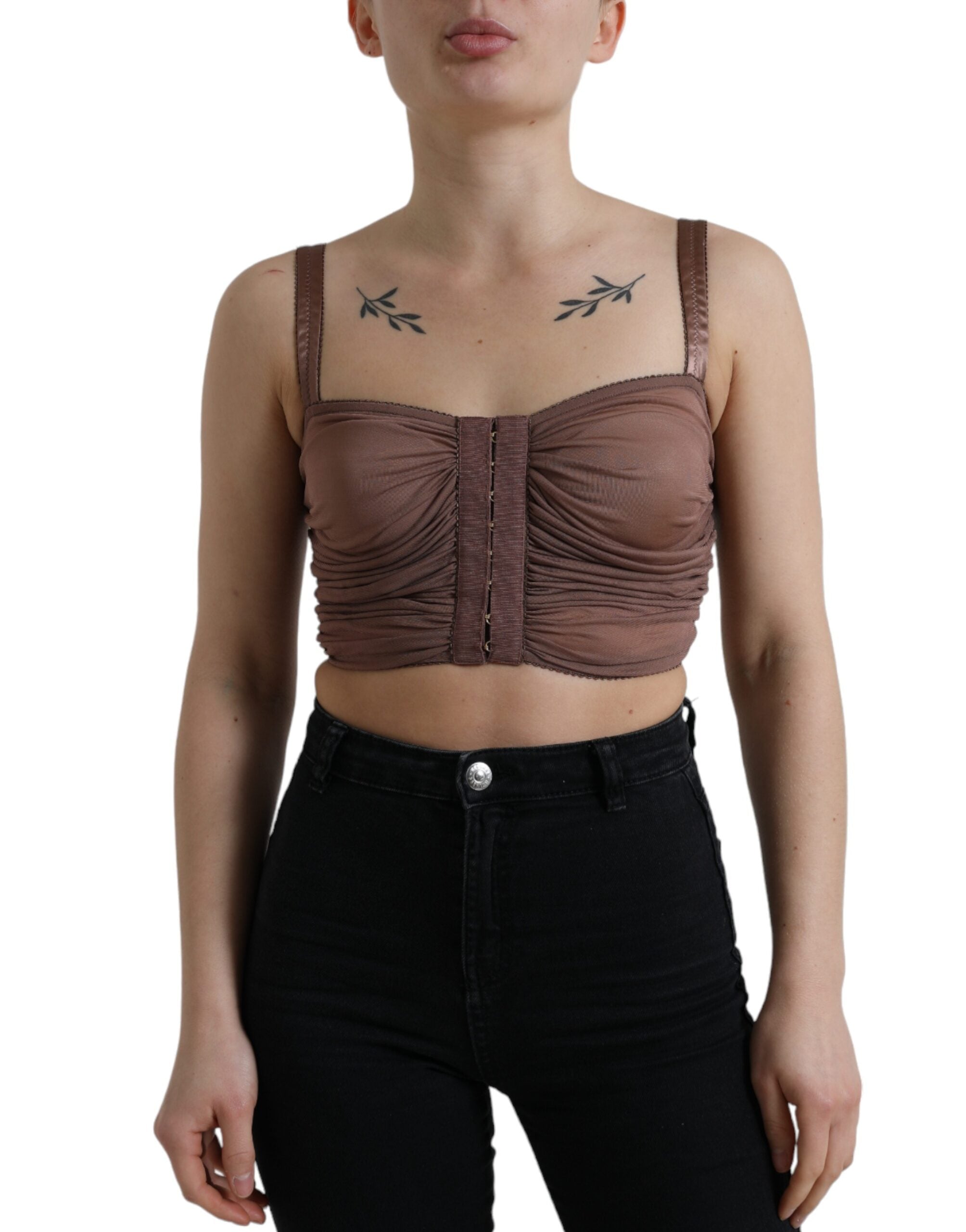 Brown Viscose Bustier Sleeveless Cropped Top - ventzia