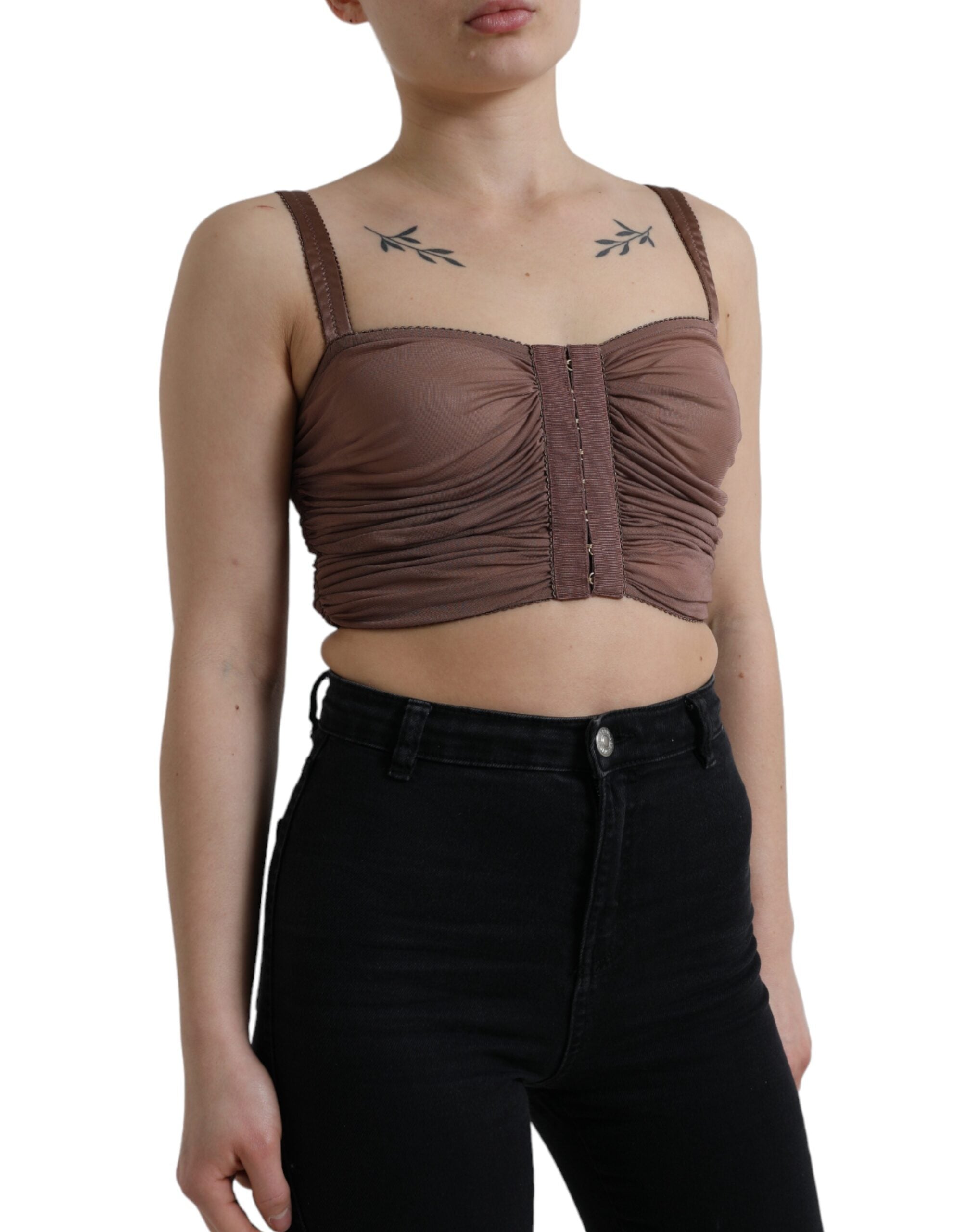 Brown Viscose Bustier Sleeveless Cropped Top - ventzia