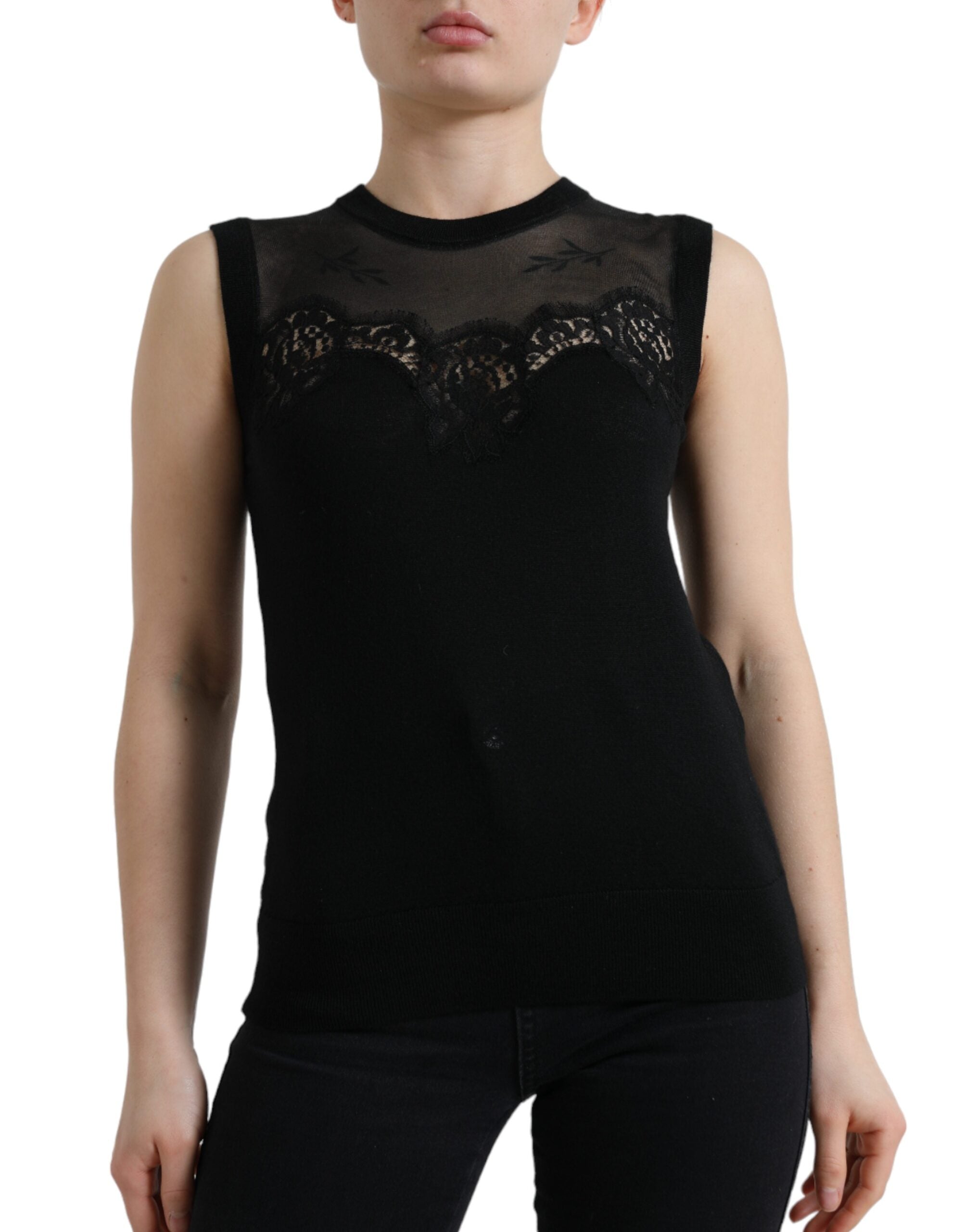 Black Cashmere Lace Trim Sleeveless Tank Top - ventzia
