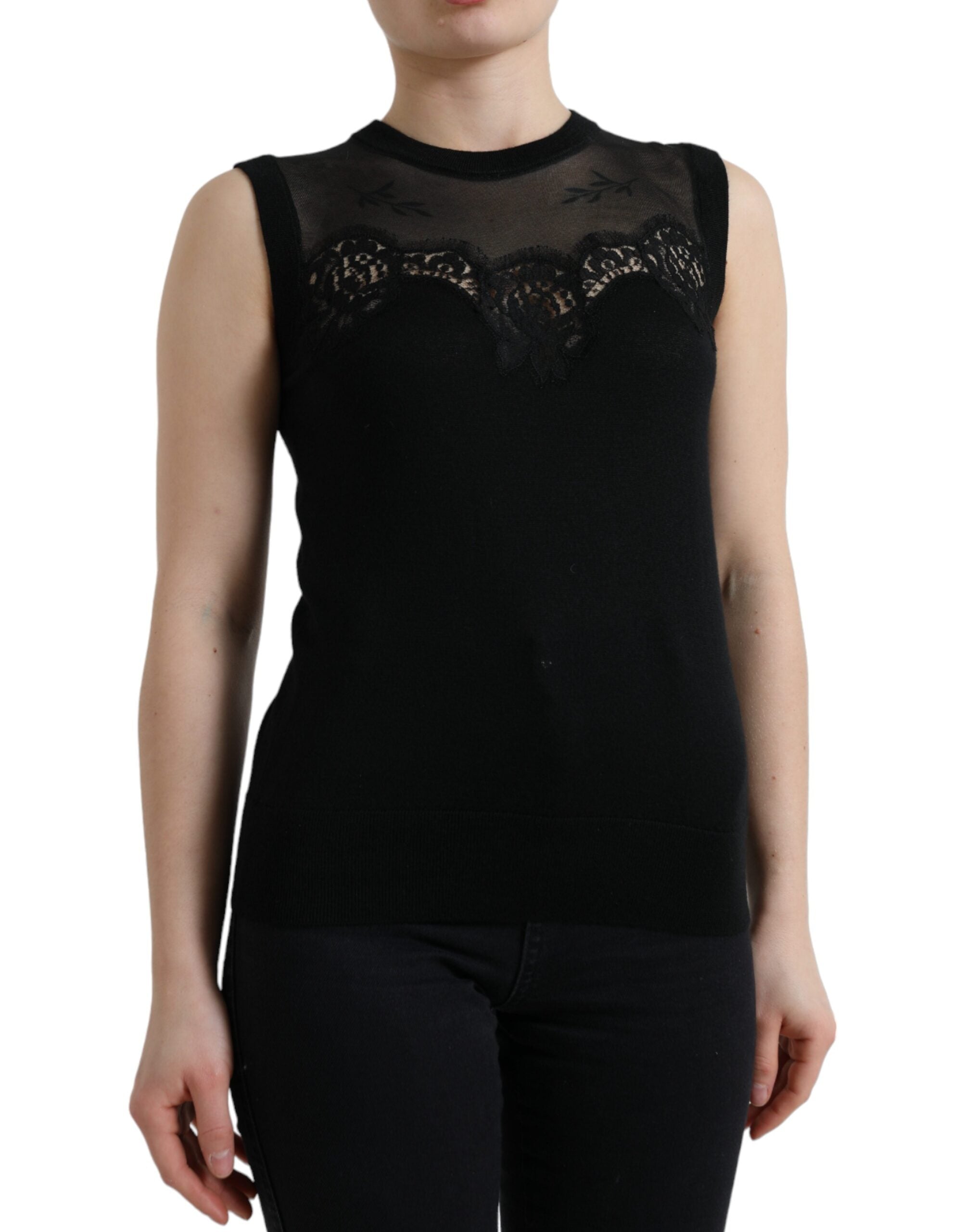 Black Cashmere Lace Trim Sleeveless Tank Top - ventzia
