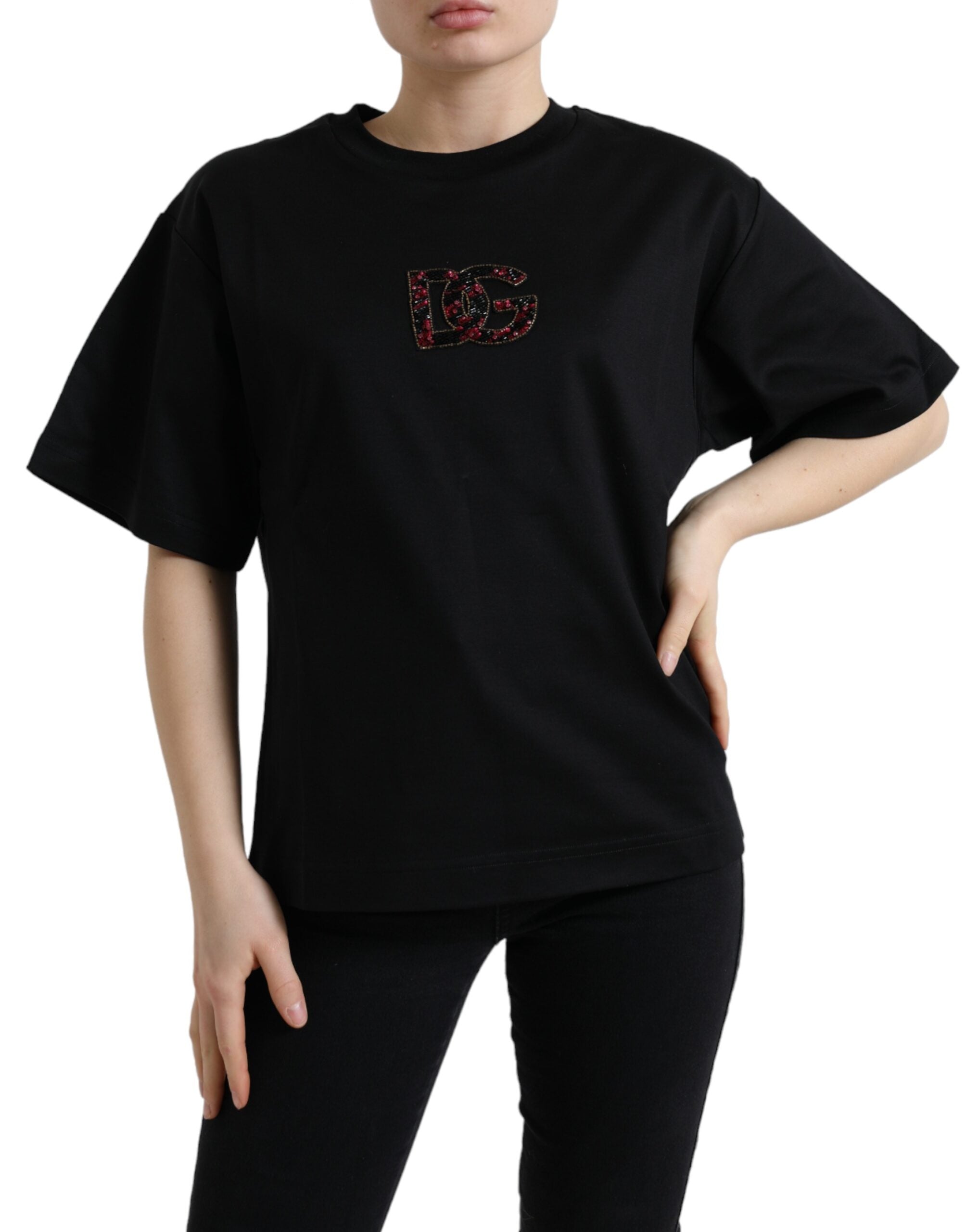 Black Cotton DG Crystal Crewneck Tee T-shirt - ventzia