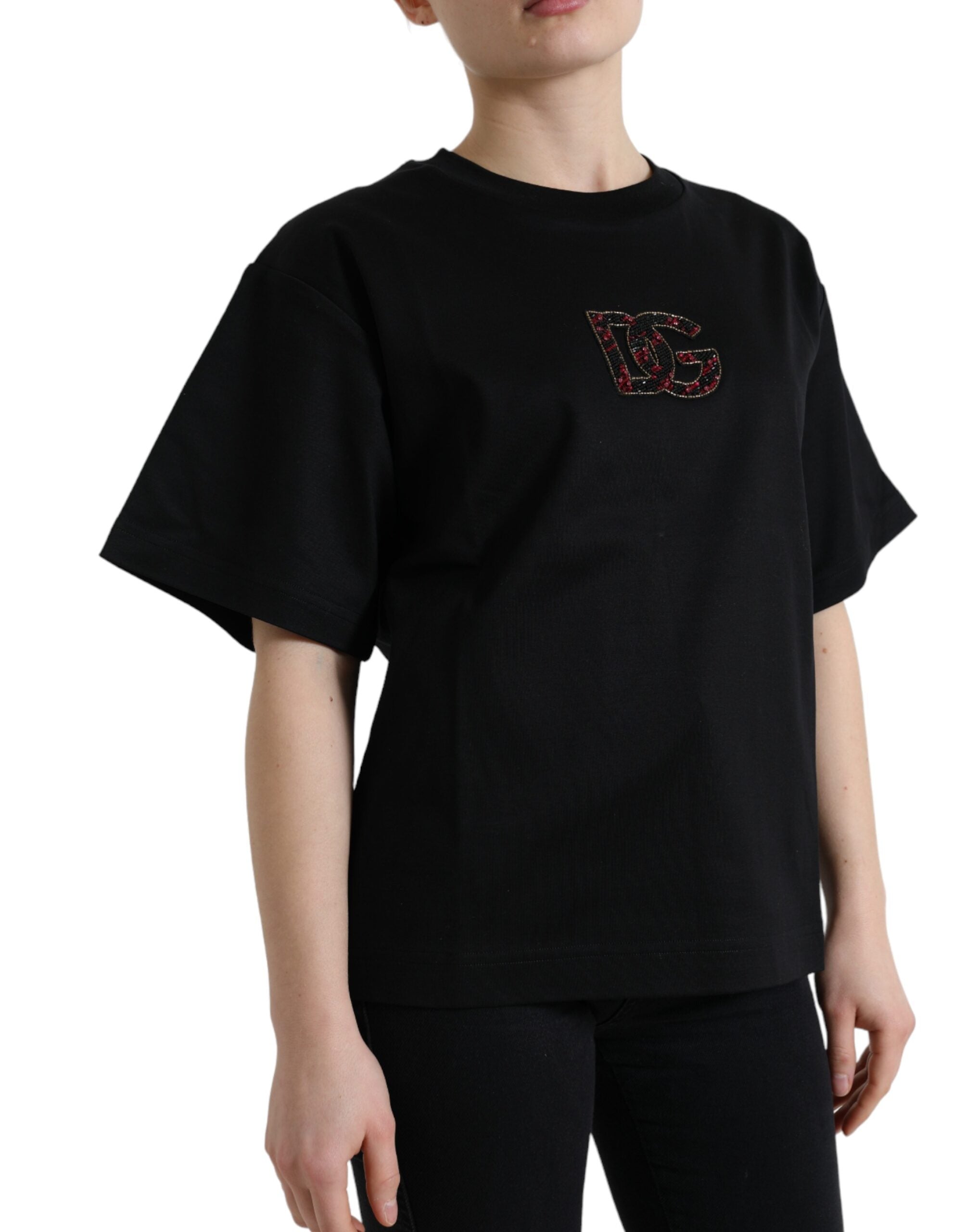 Black Cotton DG Crystal Crewneck Tee T-shirt - ventzia