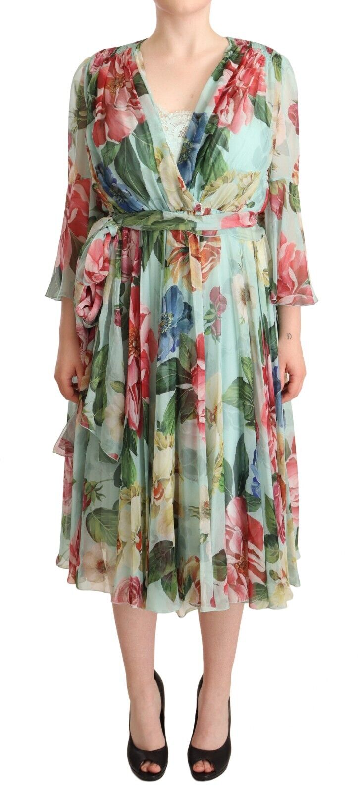 Multicolor Green Floral Silk Wrap Midi Dress - ventzia