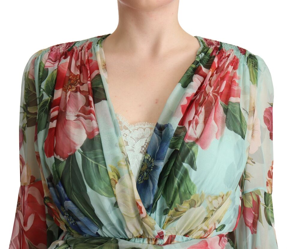 Multicolor Green Floral Silk Wrap Midi Dress - ventzia