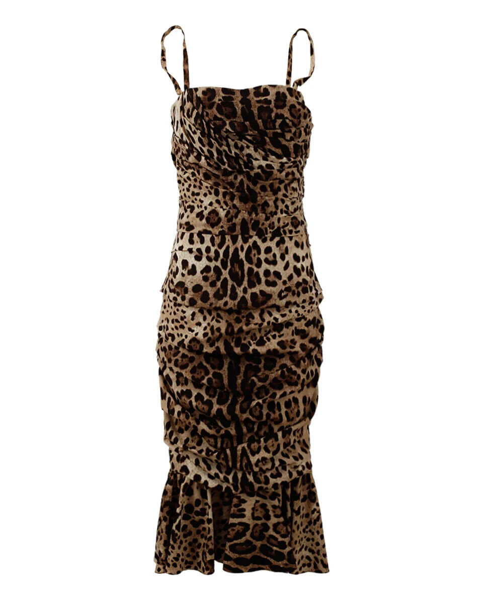 Brown Leopard Print Ruched Midi Dress - ventzia
