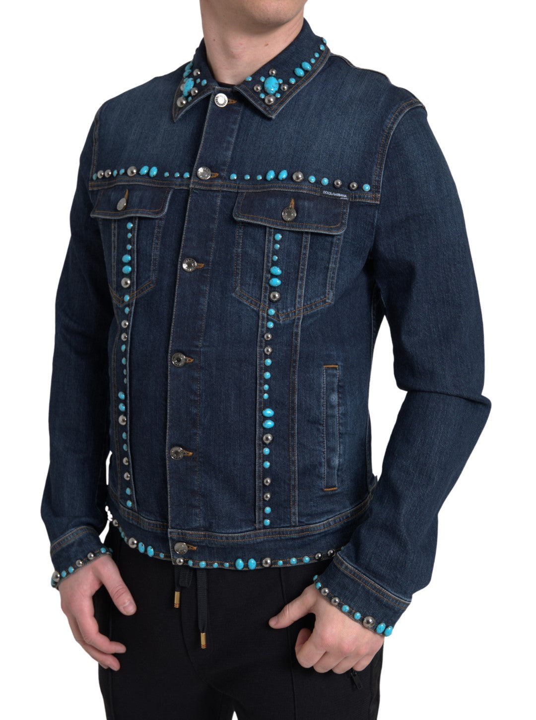 Blue Denim Turquoise Stones Studded Jacket - ventzia