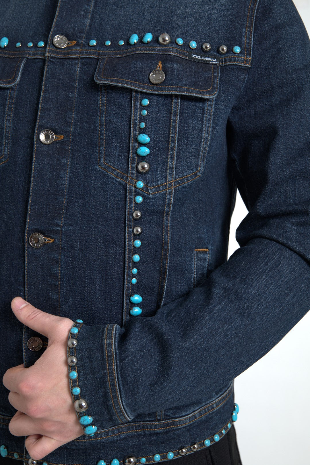 Blue Denim Turquoise Stones Studded Jacket - ventzia