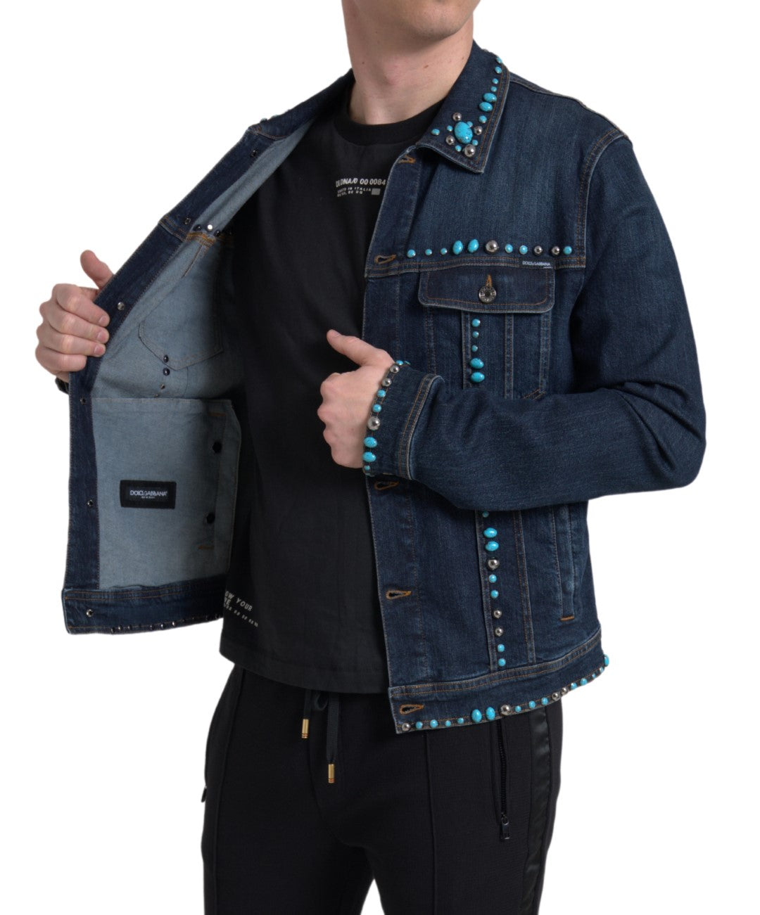 Blue Denim Turquoise Stones Studded Jacket - ventzia