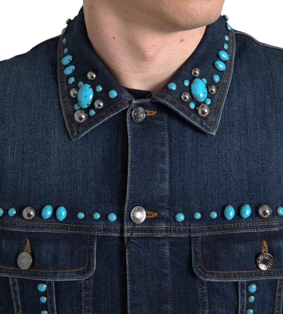 Blue Denim Turquoise Stones Studded Jacket - ventzia