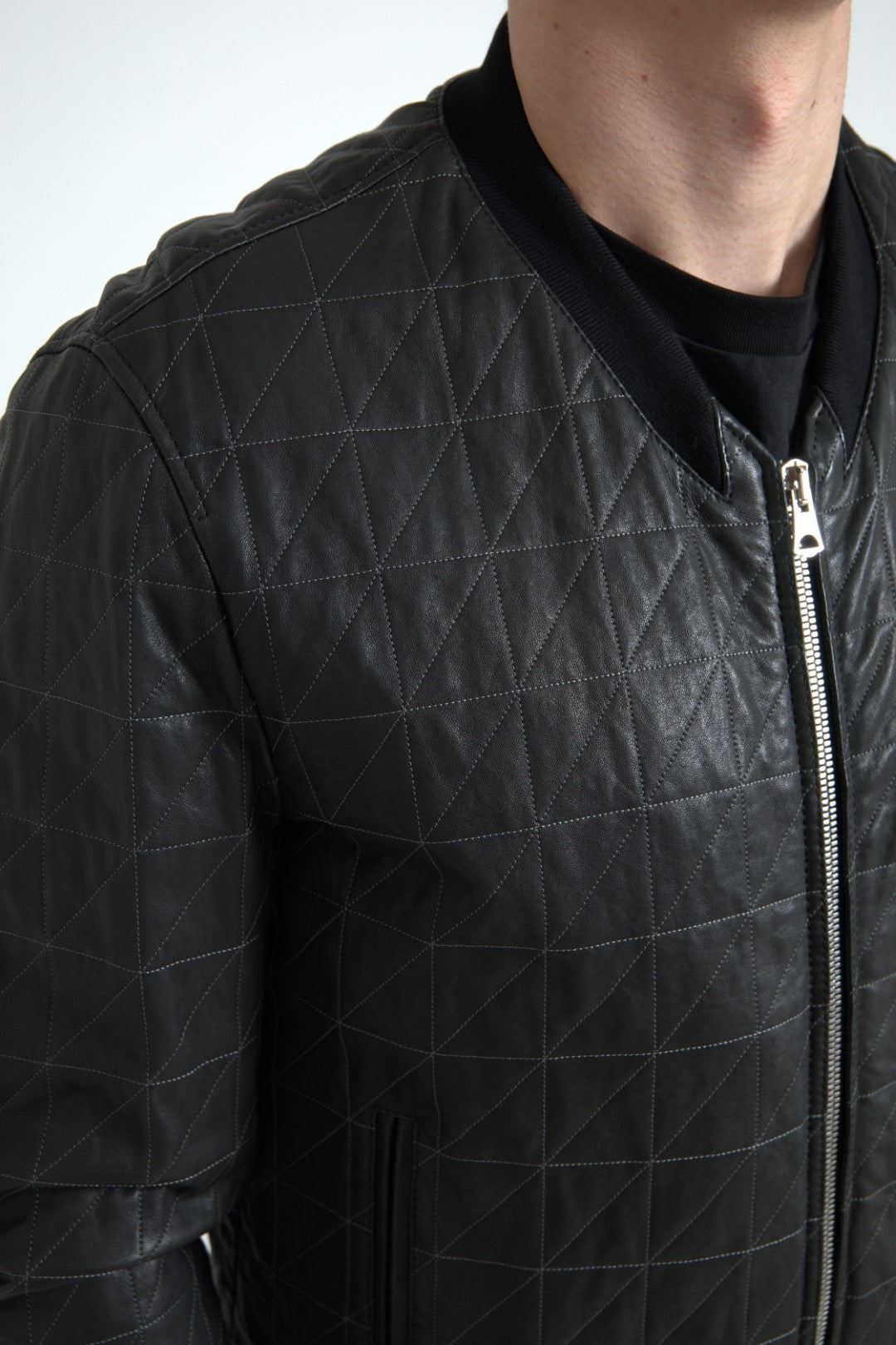 Black Leather Full Zip Bomber Coat Jacket - ventzia